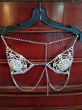Rhinestone Crystal Chain Bra - Silver Sparkle